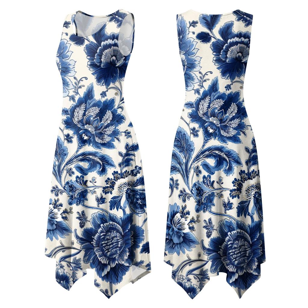 Women's Casual Sleeveless Floral Midi Dress, Round Neck Irregular Hem Summer Dress