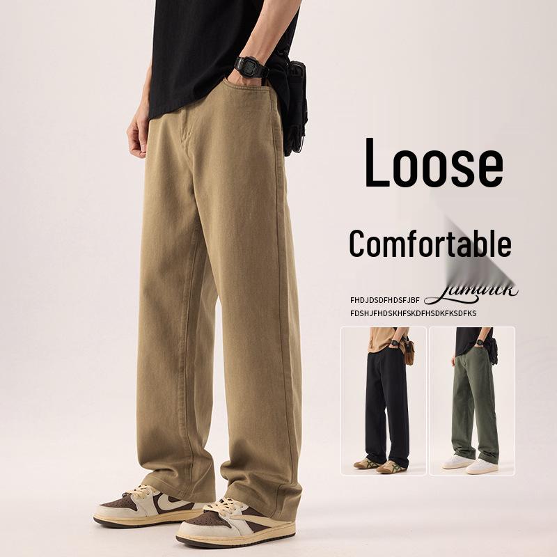 Men's All-Cotton Elastic Waist Wide-Leg Casual Pants - Solid Color, Floor-Length, Autumn Style