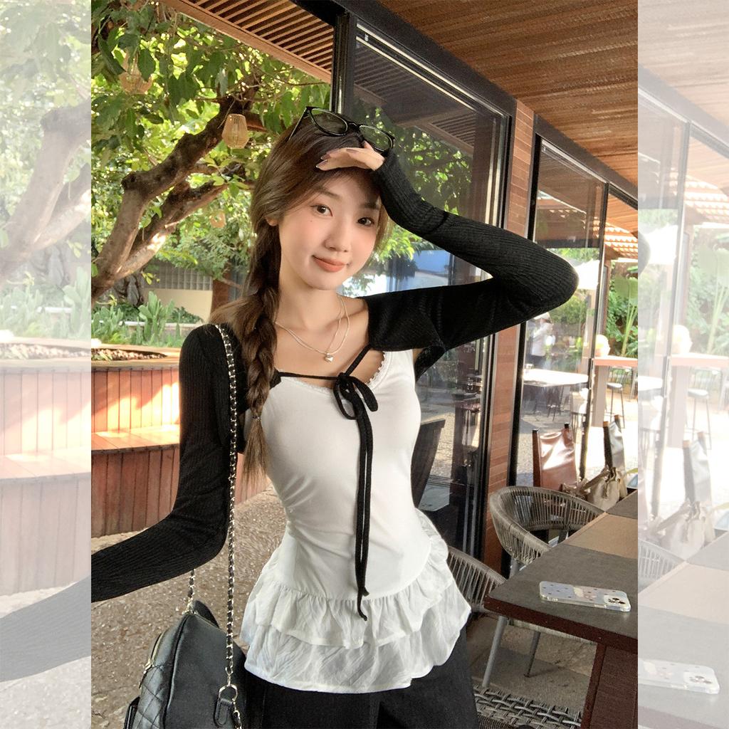 Korean great-looking U-neck lace hem vest, sling women's stacked wear lace-up sunscreen cardigan, two-piece top autumn