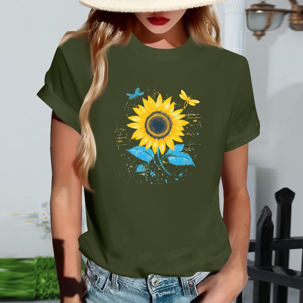 Damen Modisches Rundhals Casual Retro Print Kurzarm T-Shirt Top