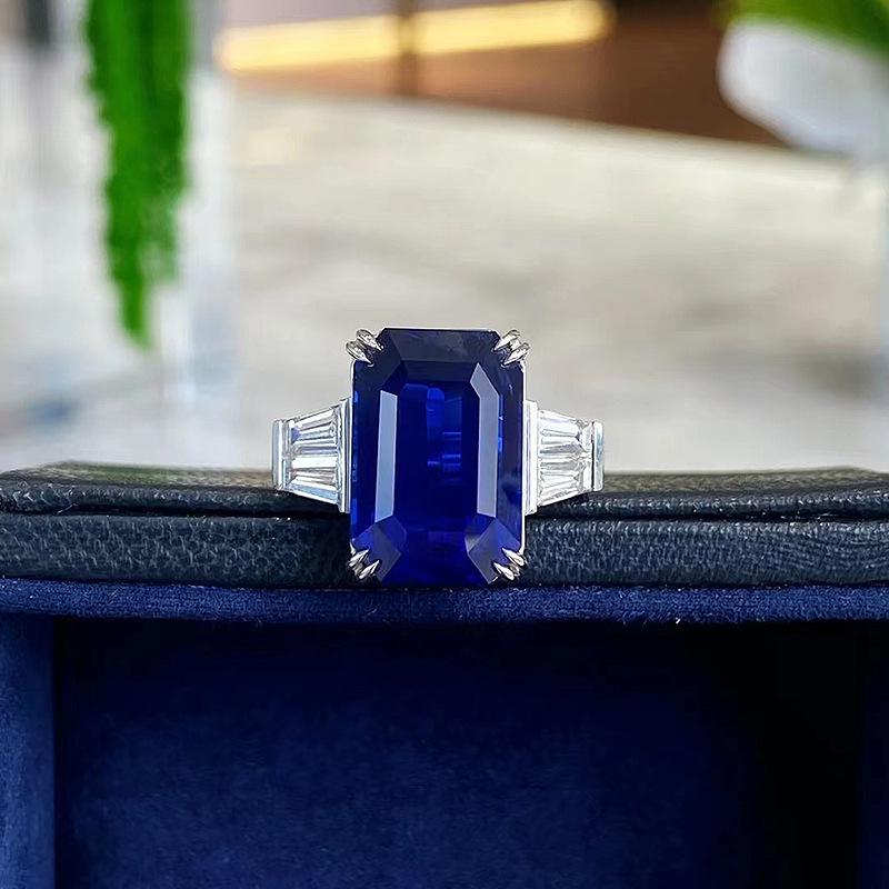 Luoxi Temple 2023 S925 Silver Simulated Emerald Cut Royal Blue Ring