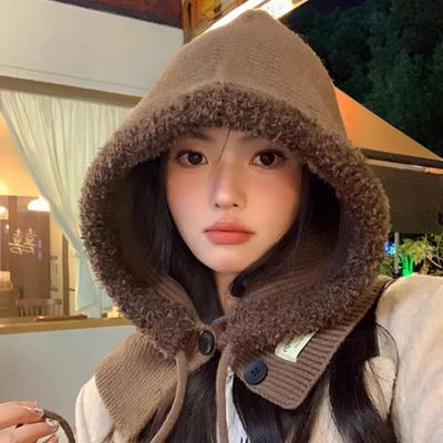Women Wool Knitted Balaclava Hat Retro Solid Color Ear Warmer Hooded Cap Korean Girl Windproof One-piece Neck Collars Bonnet
