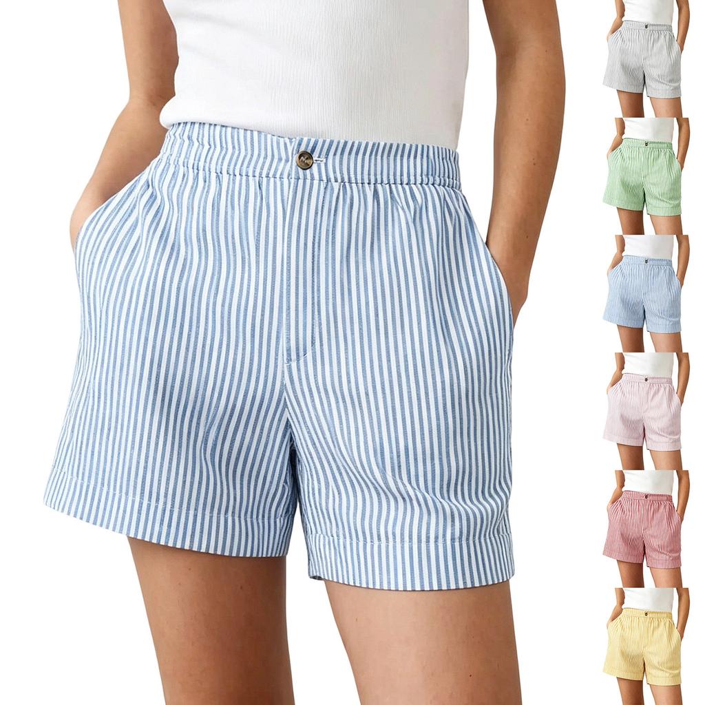 Women's Casual Loose Fit Striped Shorts Elastic Waistband with Button Closure Side Pockets Lightweight Summer Bottoms