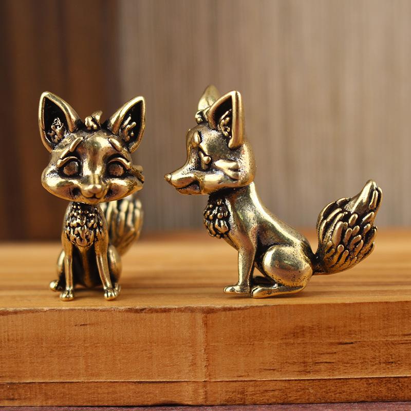 Brass Fox Statue Cute Fox Miniature Figurines Desk Ornament Decorations Accessories Copper Animal Sculpture Home Decor Crafts
