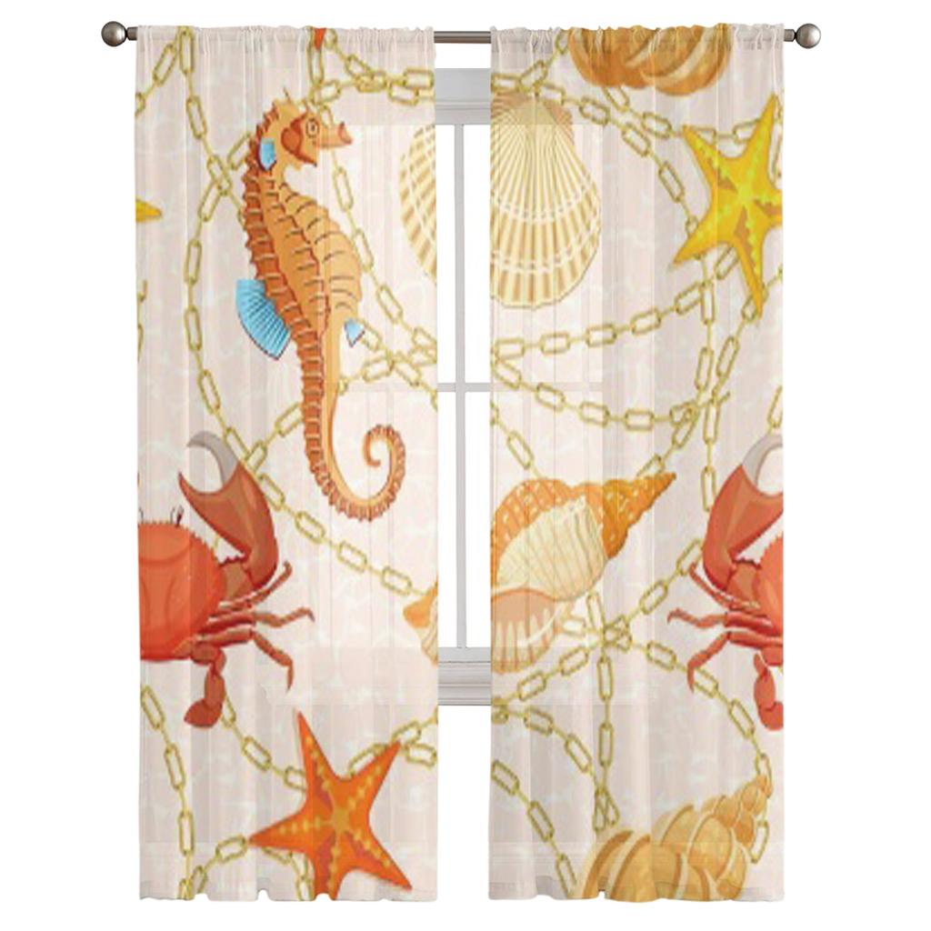 Peixes Corrais Conchas Algas Cavalo-marinho Subaquático Chiffon Cortinas Transparentes para Sala de Estar Quarto Janela Voiles Cortina de Tule