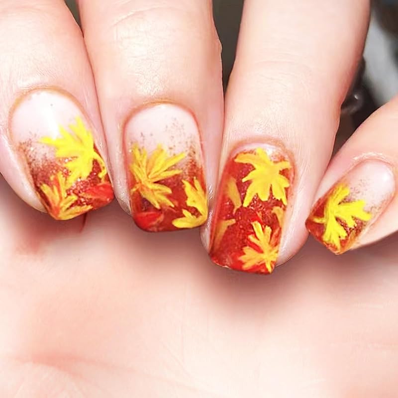 Maple Leaf Press on Nails Fall Leaves Stick on Fingernails Thanksgiving Short Square False Nails 24Pcs Glossy Silver Glitter Acrylic Fake Nail Autumn