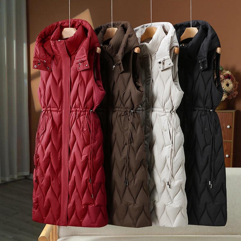 Medium and long over-knee cotton vest jacket for women's autumn and winter hooded fashion casual warm vest waist vest