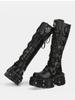 Fashion Belt Buckle Motorcycle Boots Knee High Rock Punk Round Toe Thick Bottom Leather Solid Color Fashion Sexy Women Shoes New