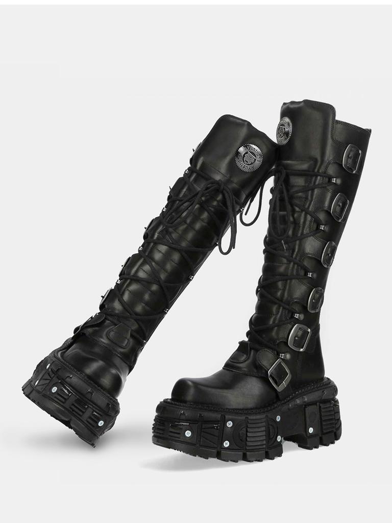 Fashion Belt Buckle Motorcycle Boots Knee High Rock Punk Round Toe Thick Bottom Leather Solid Color Fashion Sexy Women Shoes New