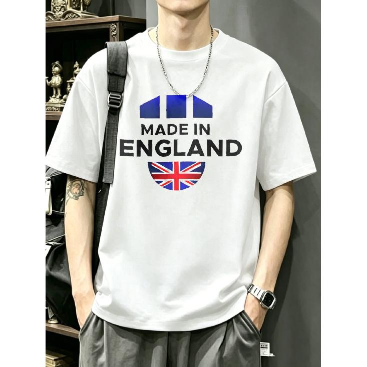 Crewneck T Shirt White Made In England with Union Jack Flag Print Casual Streetwear for Men