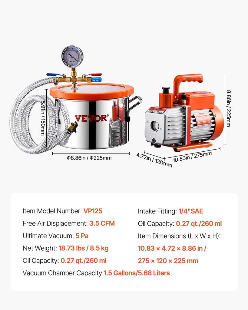 1.5 Gallon Vacuum Chamber 3.5CFM Single Stage Pump Degassing Chamber Kit
