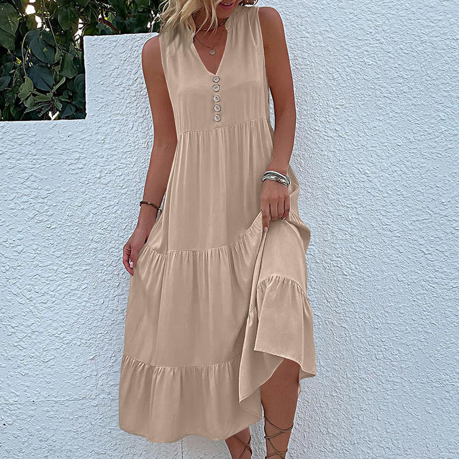 

Sleeveless Women s Dress Casual Flowy A-Line Midi Tshirt Dresses With Pockets Crewneck Vocation Boho Beach Sundress M бежевый