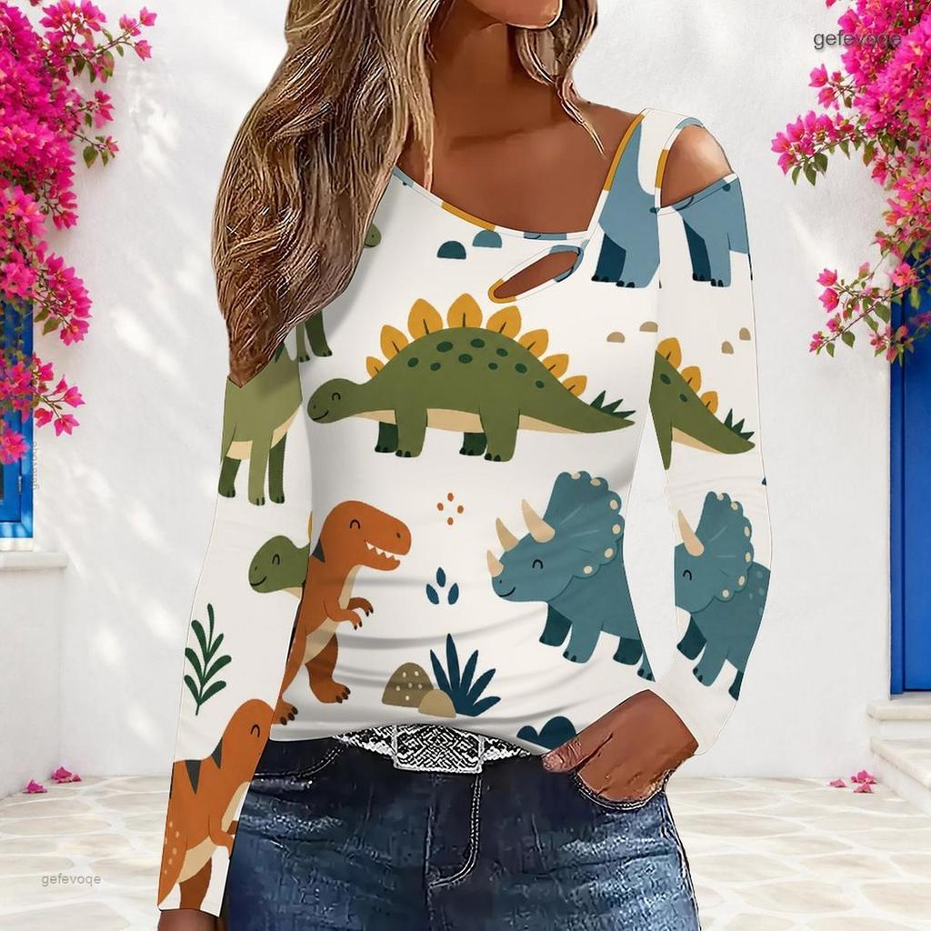 Women Plus Size Asymmetric Cutout Neck Cold Shoulder Long Sleeve Black White Printed Fitted Top