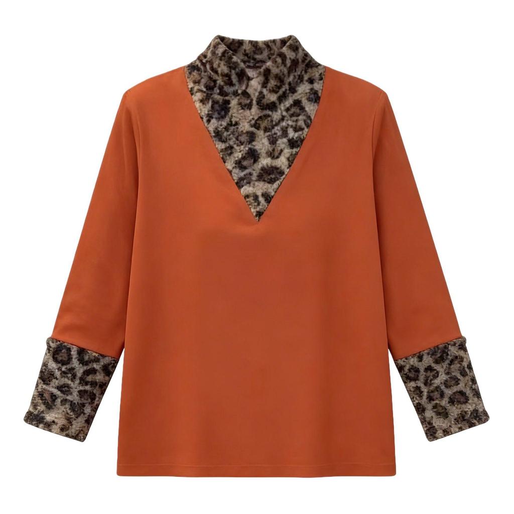 Leopard Print High Neck Slimming Mother's Top - Long Sleeve Patchwork Warm Base Layer