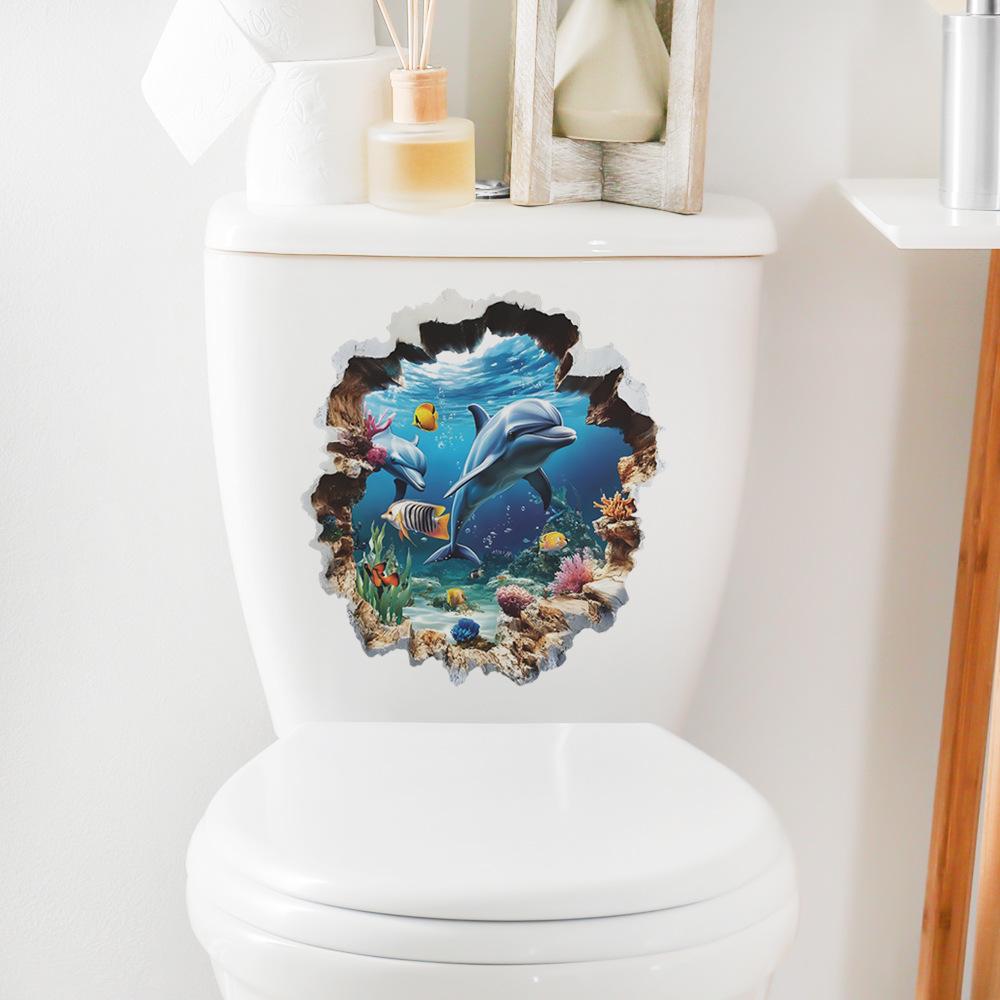 Ocean World Dolphin Toilet Wall Sticker Self-Adhesive Removable Waterproof for Bathroom Underwater Home Decor Art