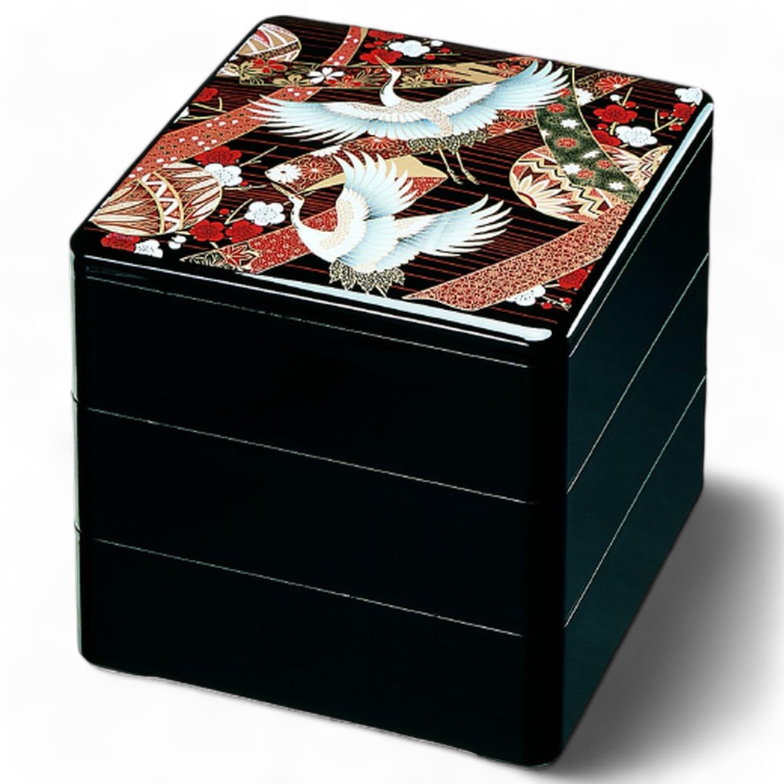 J-kitchens Шкатулка-jubako с лаковым покрытием 3 яруса 75 дюйма глубокая черный дизайн с журавлями и узором темари 22 см смола Сделано в Японии 8260₽
