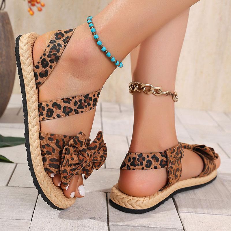 Fashion Bowtie Decor Flat Sandals for Women Plus Size Leopard Thick Sole Non Slip Slippers Summer Light Comfort Platform Beach Slides