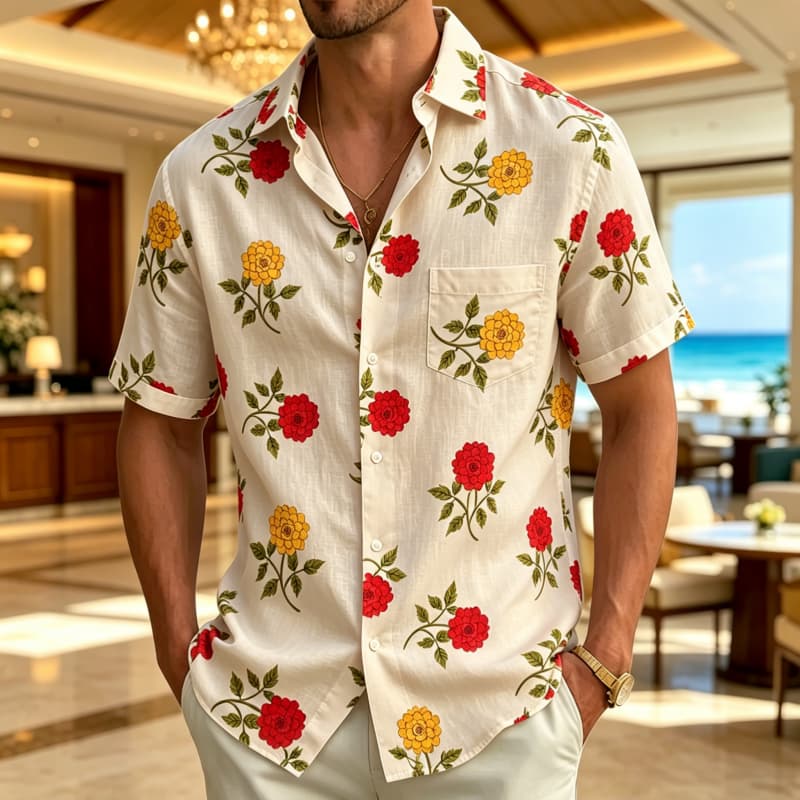 Men's Fresh Floral Print Short Sleeved shirt, With A Fresh Artistic style, Suitable For Summer Daily Life And Beach Vacations