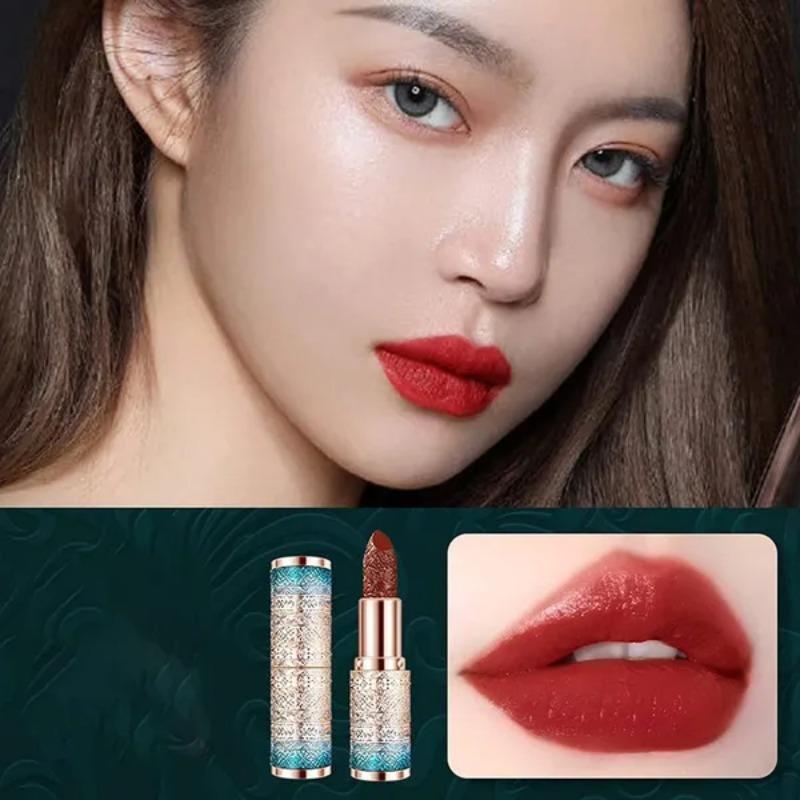 Ruj de buze sculptat în relief în stil chinezesc de tip boutique, culoare durabilă, rezistent la apă, super mat, culoare nud, hidratant, luciu de buze, frumusețe