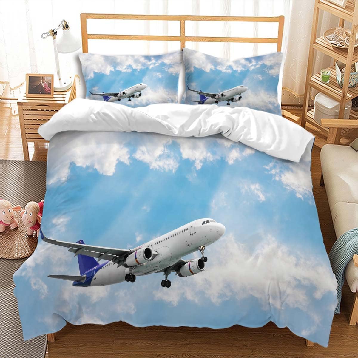 

Airplane Duvet Cover Queen King Size 3D Printed Airplane Bedding Set Grey Runway White Airplane Set 3 Pcs With 2 Pillowcases EU Single(135*200cm)3pcs