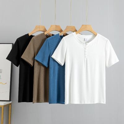 Cotton Summer Women T Shirt Fashion Quality S-3XL With Buttons Ladys Casual Short Sleeves Tshirt Cozy Breathable Top