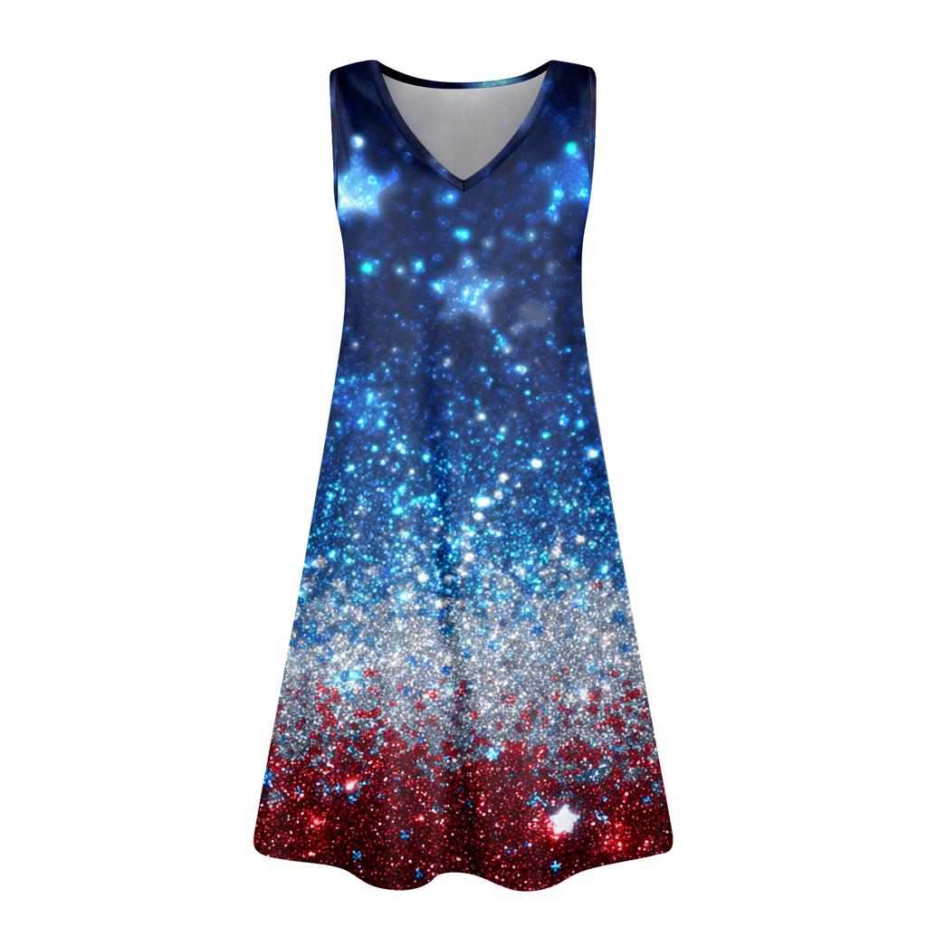 Damen Sommer Lässiger Sonnenschutzrock Mit Tasche V-Ausschnitt Unabhängigkeitstag Bedrucktes Lockeres Westenkleid