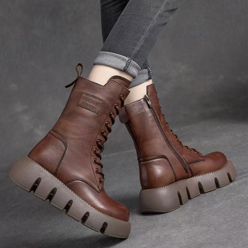 Autumn and Winter Soft Leather Comfortable Thick-soled British Martin Boots Women's Fashion Medium Tube Single Boots Trendy Velvet Thickened Warm Cot