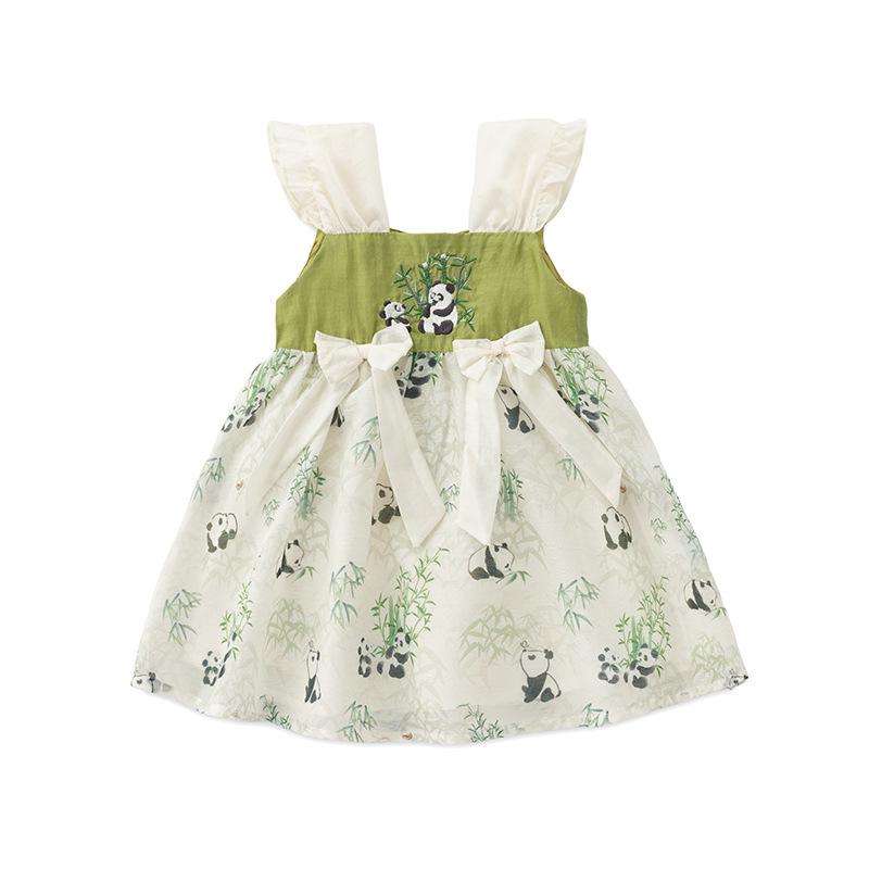 2025 Summer Baby Girls' Chinese Style Puff Sleeve Sling Dress with Frog Buttons - Princess Design for One-Year-Old