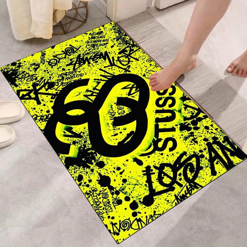 Bright Yellow Splash Ink Graffiti Logo Area Rug Non Slip Mat, Black Spray Paint Street Text Print Carpet for Game Room Decor
