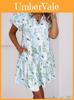 Floral Colorblock V Neck Pocket Dress With Short Sleeves For Spring 2025