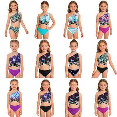 Asymmetric Single Shoulder Strap Crop Top & Briefs Set for Girls: Criss Sash Print Design 2Pcs Swimsuit for Beach Pool Swimming