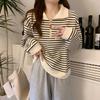 women half-zip striped sweatshirt polo collar long sleeve casual loose fit pullover top