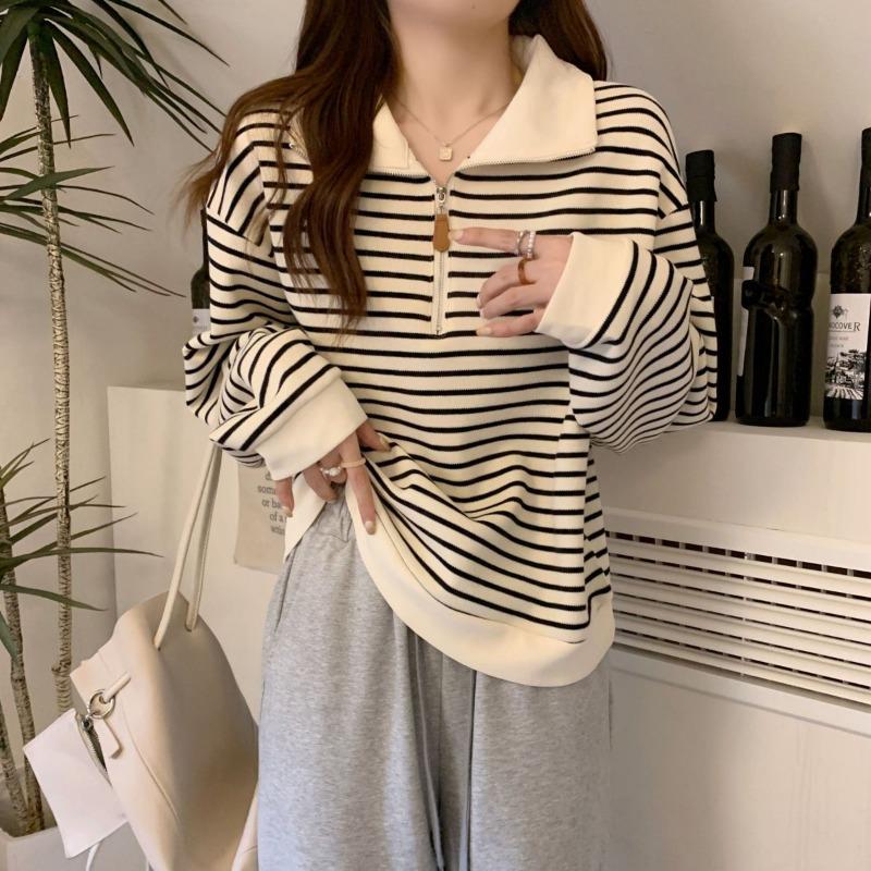 women half-zip striped sweatshirt polo collar long sleeve casual loose fit pullover top