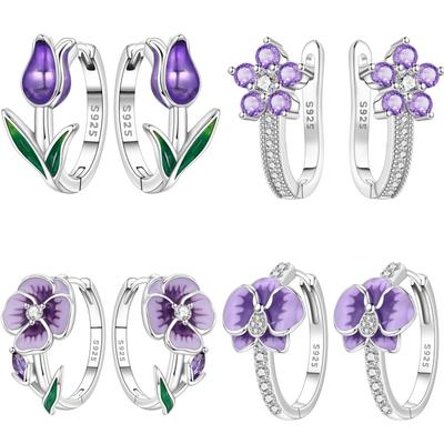 S925 Sterling Silver Purple Flower Series Earrings Hoop Earrings Women Jewelry Original Trendy Anniversary Gifts