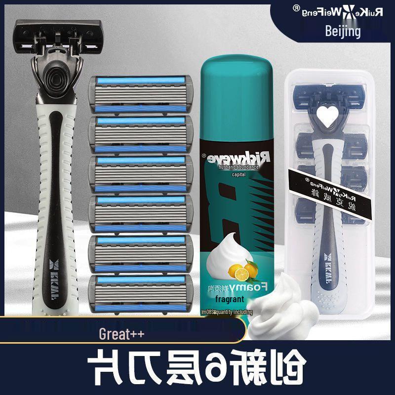 Six-Blade Manual Shaving Razor for Men with Old-Fashioned Design and Razor Holder