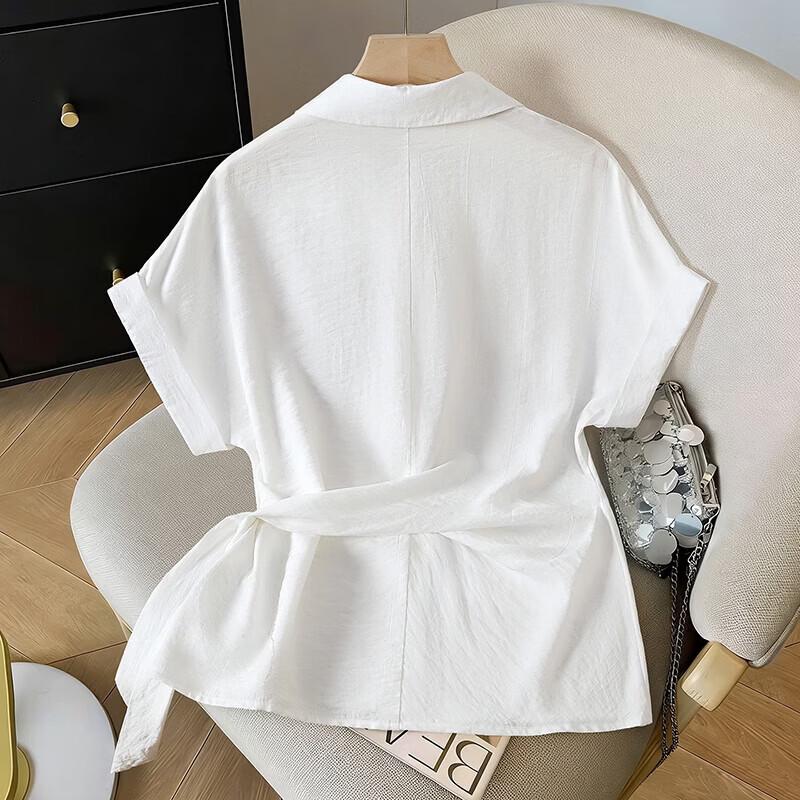 Women's Solid Color Lapel Tie-Waist Short Sleeve Shirt