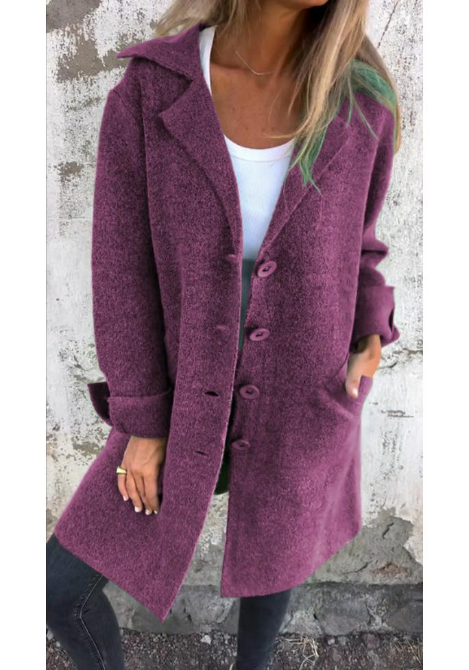 Elegant European Style Mid-Length Women's Solid Color Lapel Pocket Cardigan Coat