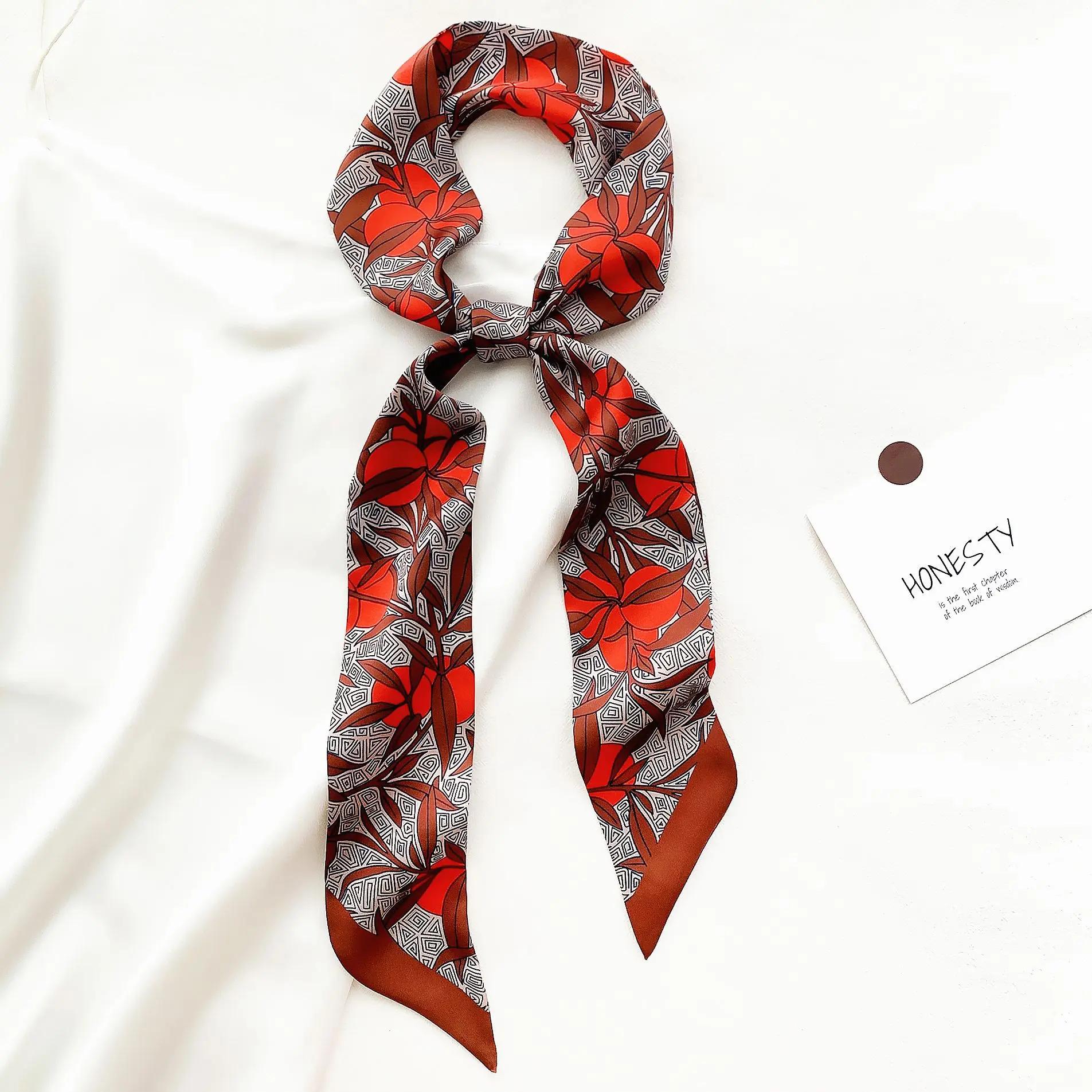 Luxury Long Silk Scarf Female Flowers Print Thin Narrow Scarf Bag Hair Band Ribbon Scarfs Women Neckerchief Neck Scarf