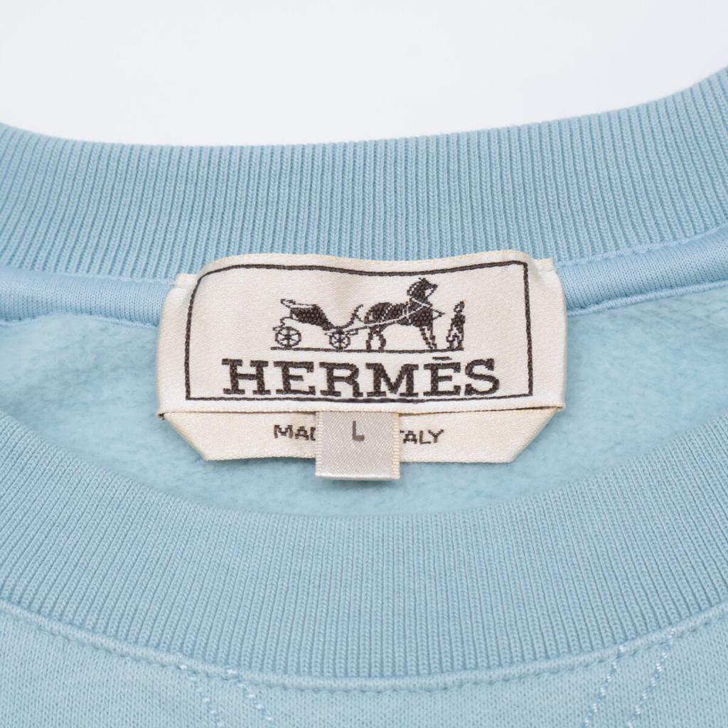 HERMES 21AW Light Blue Cotton Herringbone Piping Fleece-Lined Crew Neck Sweatshirt Pullover tops L blueUsed
