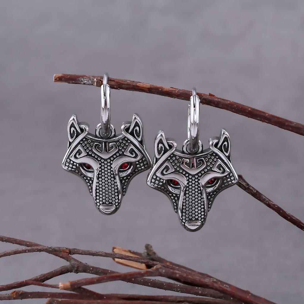 Vintage Vikings Wolf Drop Earrings Men Fashion Celtic Rune Amulet Accessories Stainless Steel Hip Hop Biker Charm Jewelry