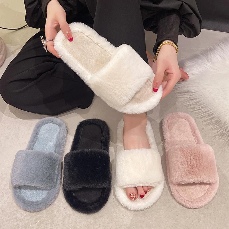 Leisure Slippers for Women Casual Flat Low Heels Sweet Short Plush Shoes for Women Solid Fur Slip on Winter Slides Plus Size
