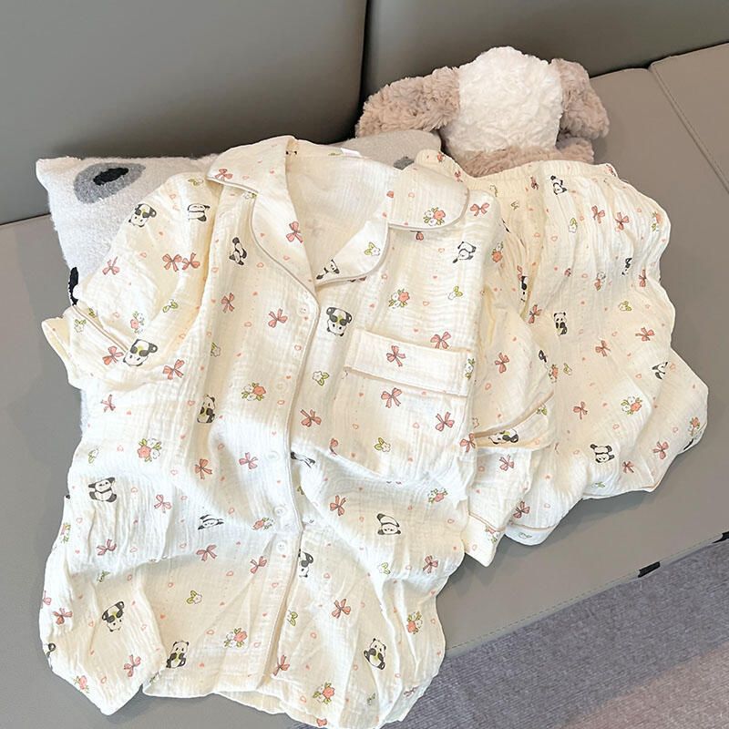 Full print bow panda pajamas women s summer full print short-sleeved shorts ins style suit women s casual loungewear S