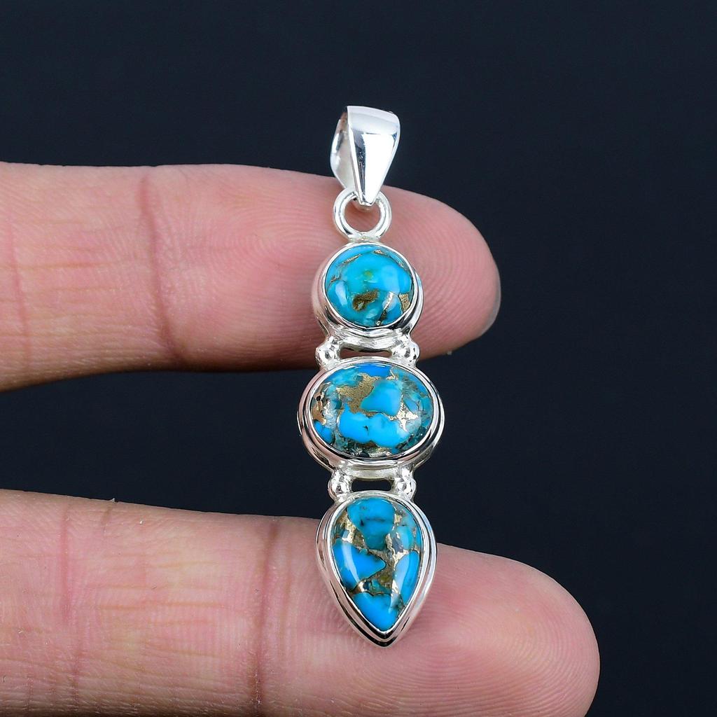 Natürlicher blauer Kupfer-Türkis-Edelstein, 925 Sterling Silber, Drei-Stein-Anhänger, handgefertigter Anhänger, Schmuckgeschenk zum Valentinstag