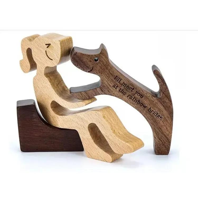 Famiglia Cucciolo Legno Cane Artigianato Figurina Regalo di San Valentino Modello di Intaglio Decorazione per Casa Ufficio Regalo di Natale Decorazione per Coppia