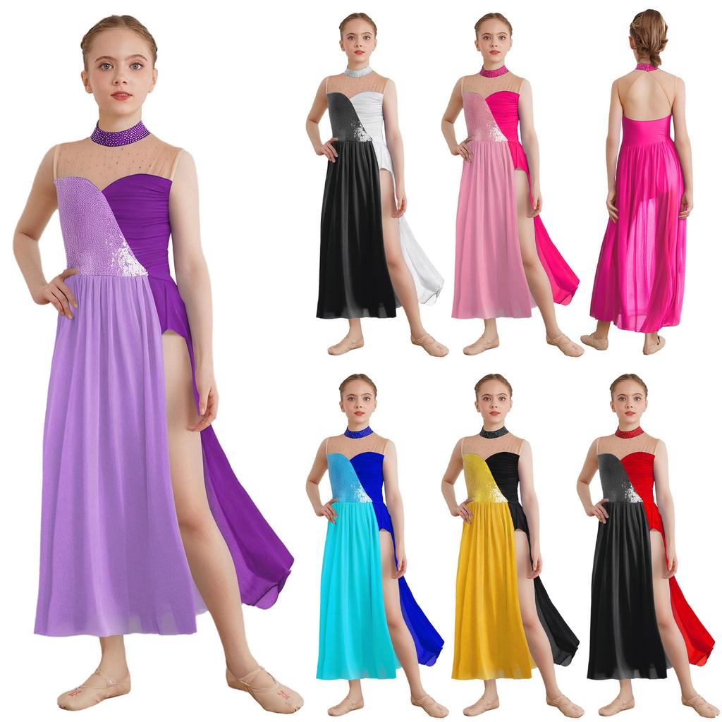 Girls Lyrical Performance Dress Sleeveless Sparkling Sequins Top And Color Block Side Split Skirt