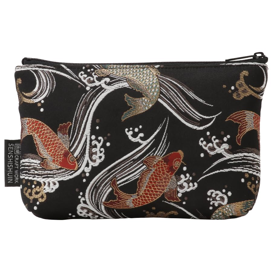 Senshishuin Nishijin Brocade Pouch with Black Swimming Carp Design (Lined) (Small)
