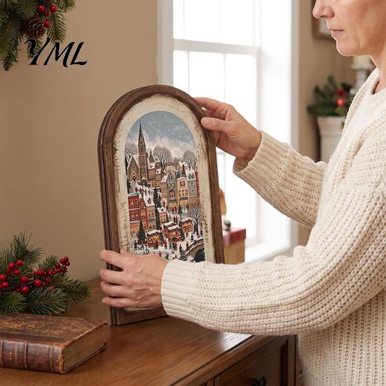 Arte Decorativa da Parete Cornice Portafoto in Legno Arcuata Vintage con Illustrazione Natalizia, Invecchiata Retrò per Decorazione Desktop e Camino,