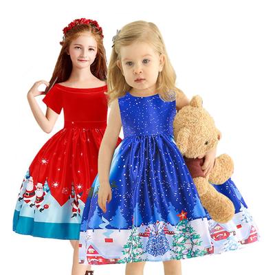 Dievčenský vianočný kostým Santa Claus s čipkou s čipkou Patchwork Princezná šaty s kreslenou potlačou