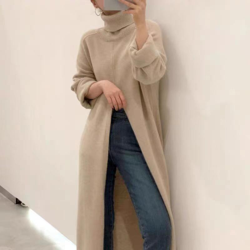 Neu im Herbst Winter Damen Strickpullover Lange Kleider Hochgeschlossenes, geteiltes, lockeres Pulloverkleid Lässiger Temperamentpullover mit Kleidung der unteren Schicht
