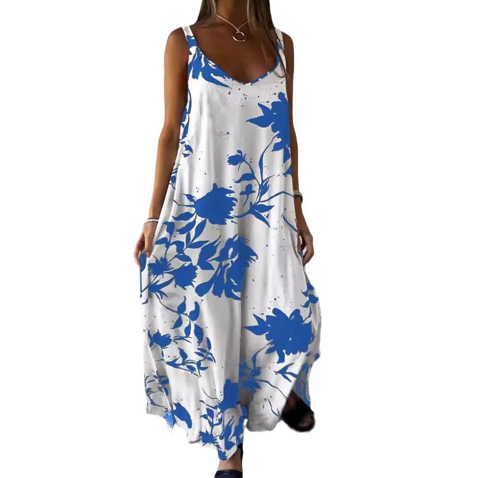 

Women s Floral Print Maxi Dress, Black and White Strappy Long Dress, Loose Fit Summer Dress 3XL небо синє кольору